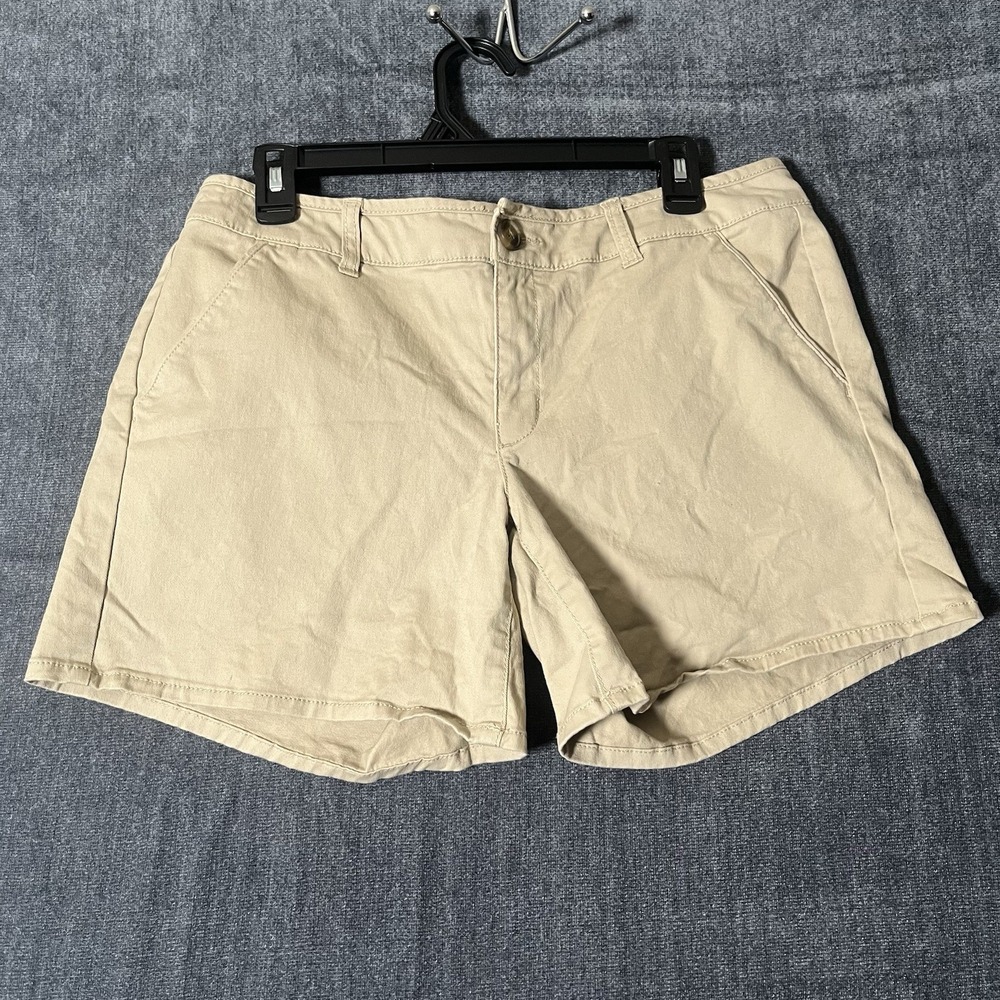 American Eagle Midi Stretch Shorts Womens Size 12 Tan Khaki Chino Flat Front